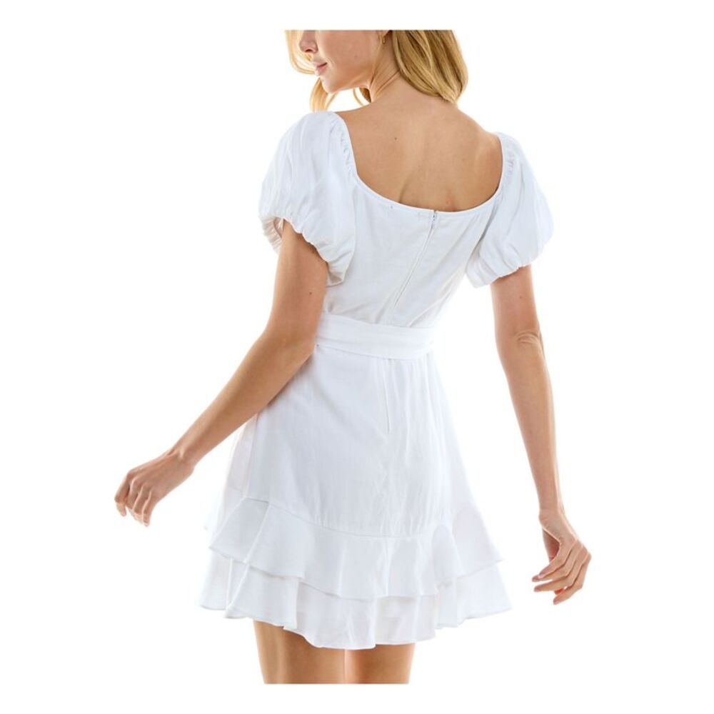 TRIXXI Womens Short Dress White Lined Pouf Sleeve Belted Ruffle Hem Juniors S - Picture 2 of 4